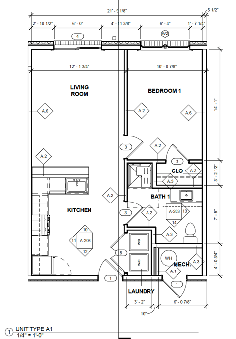 Floor plan for 1 bed, 1 bath, 684 sqft